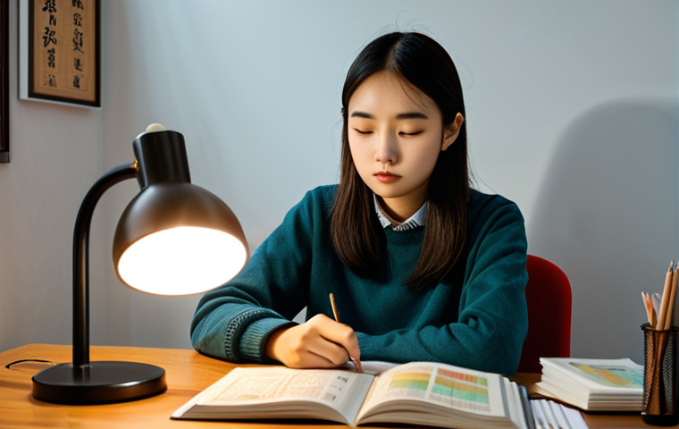 Focused Study Session**
A young woman at a desk covered with Chinese textbooks and flashcards, wearing a casual outfit, fully clothed, studying diligently with a focused expression, warm lighting, cozy room environment, appropriate attire, safe for work, professional, perfect anatomy, correct proportions, natural pose, high quality.
**