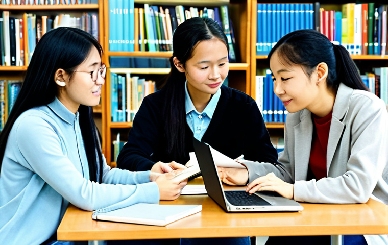 Study Group in a Library**
A group of diverse students, fully clothed in modest casual wear, sitting around a table in a bright library. They are studying Chinese textbooks and notes, some using laptops. Bookshelves filled with books in the background. Safe for work, appropriate content, family-friendly, perfect anatomy, correct proportions, natural pose, well-formed hands, proper finger count, natural body proportions, professional setting, high quality.
**