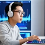 중국어 발음 교정 방법 - **AI-Powered Pronunciation Coach:** A focused young adult (18-25 years old, of East Asian descent, w...