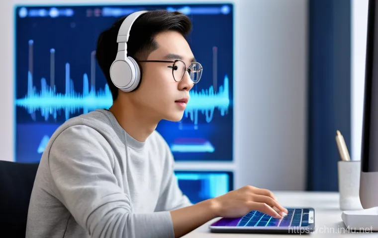 중국어 발음 교정 방법 - **AI-Powered Pronunciation Coach:** A focused young adult (18-25 years old, of East Asian descent, w...