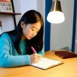 HSK 대비를 위한 어휘 공부법 - **Image Prompt 1: The Personalized Vocabulary Notebook**
    A young, focused East Asian female stud...