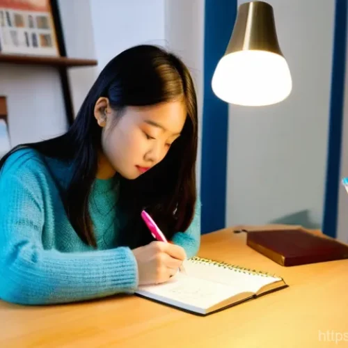 Home 23 HSK 대비를 위한 어휘 공부법 - **Image Prompt 1: The Personalized Vocabulary Notebook**
A young, focused East Asian female stud...