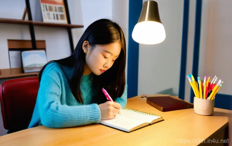 HSK 대비를 위한 어휘 공부법 - **Image Prompt 1: The Personalized Vocabulary Notebook**
A young, focused East Asian female stud...