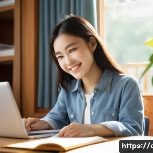 Home 7 HSK 독학으로 합격하기 - A focused young Asian woman in her early twenties, dressed in casual academic wear, sits at a bright...